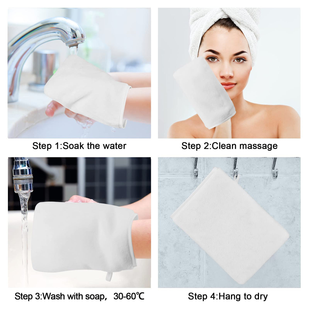 PHOGARY Pack of 8 Microfibre Body Wash Mitts Set, Flannels Soft Face Mitts, Bath SPA Cloth, Reusable Makeup Remover Mitt Gloves, 15x21 cm, White