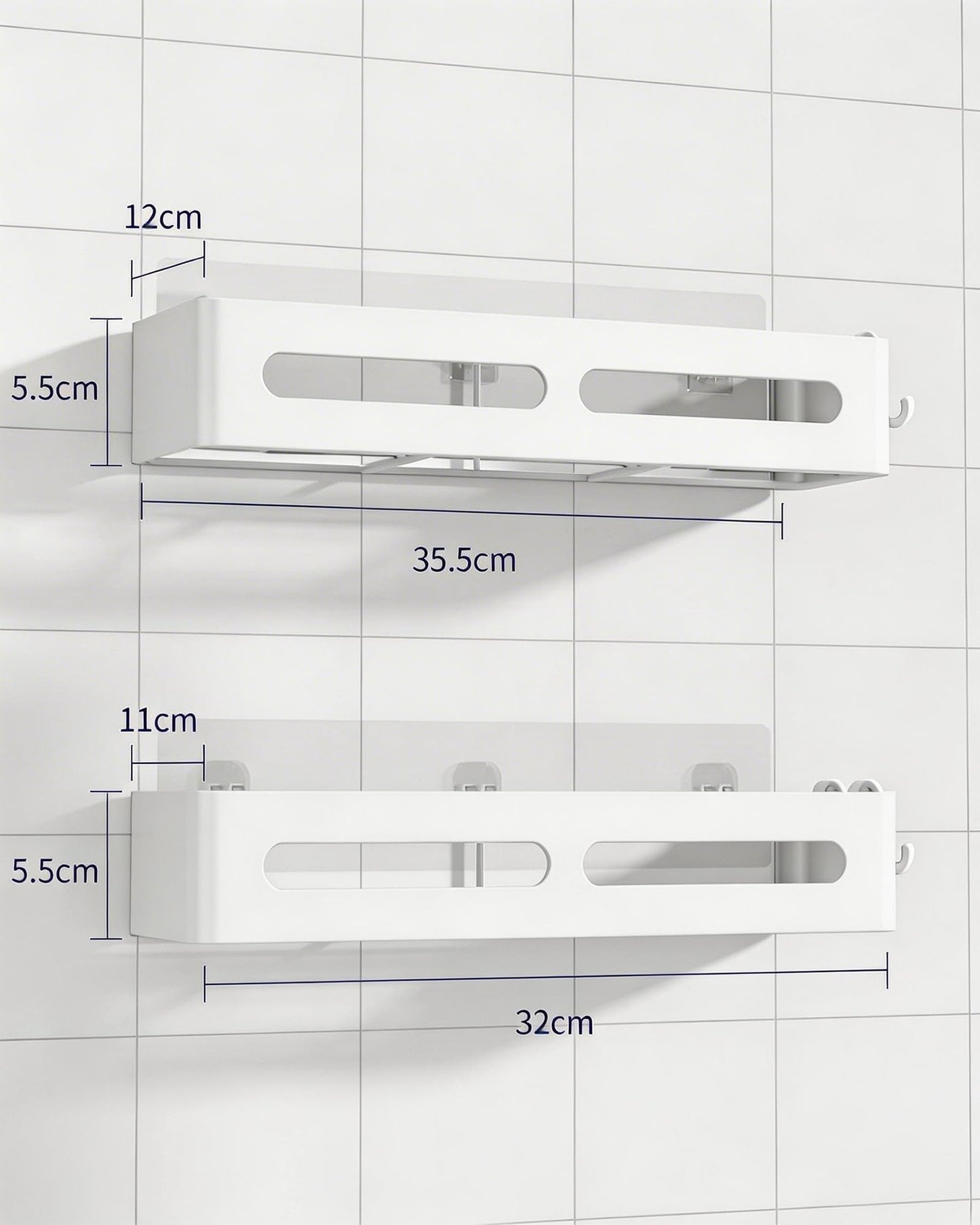 Kitsure Shower Storage - 2-Pack, No Drilling Shower Shelf with Large Capacity, Self-Adhesive Shower Caddy with 4 Removable Hooks, White