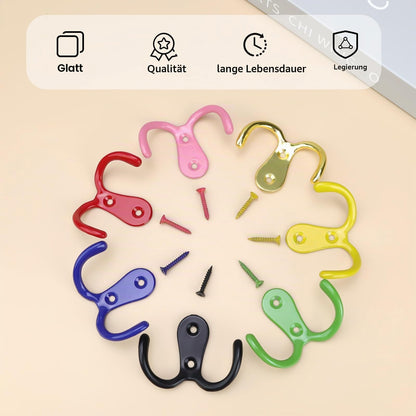 ZIJANG 7 Colorful Double Coat Hooks, Zinc Alloy Wall Hook (with Screws), Electroplated Coat Pegs, Suitable for Bedrooms, Bathrooms and Kitchens