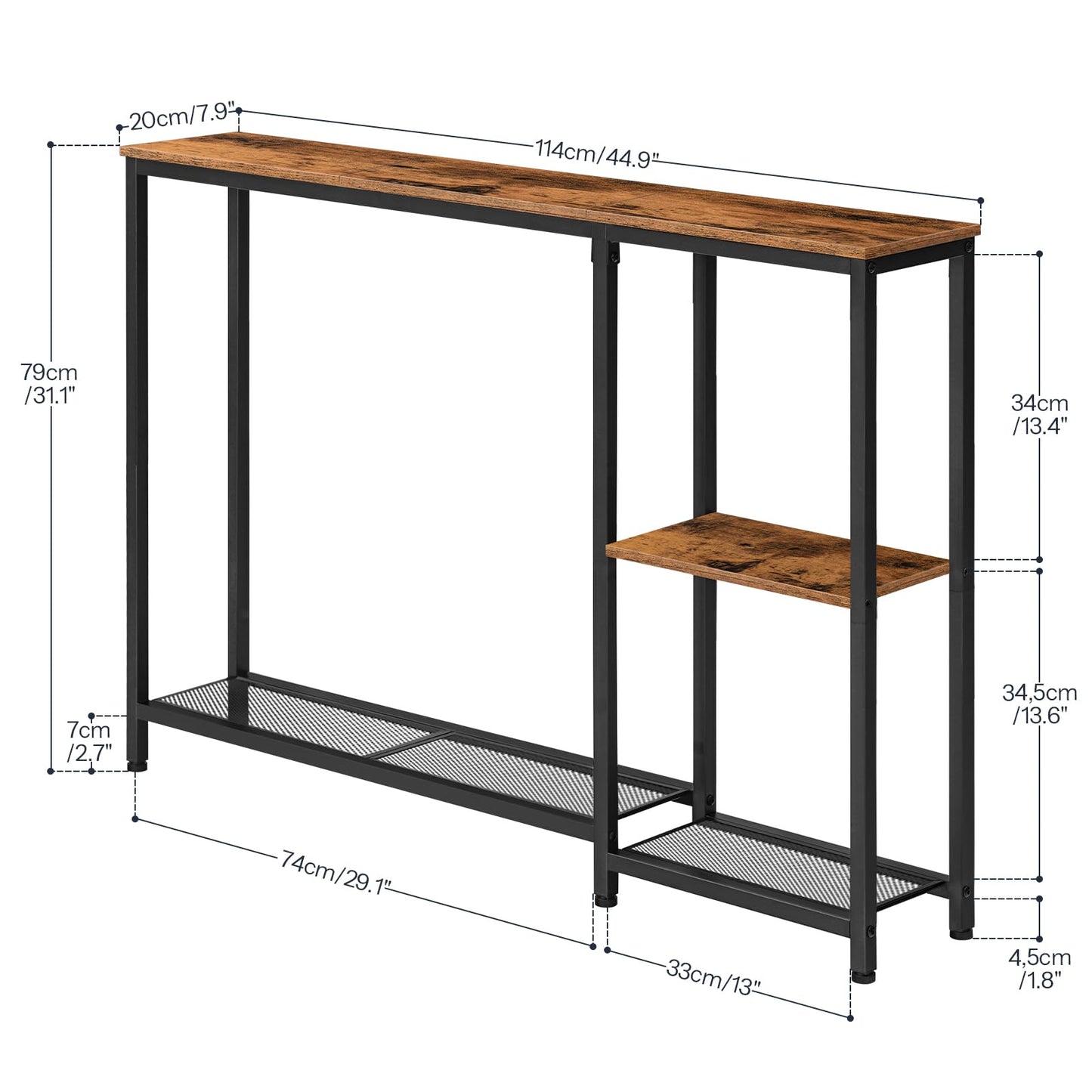 HOOBRO Narrow Console Table, 114 cm Behind Sofa Table with Shelves, Slim Hallway Table with Storage, Hallway Display Shelf, for Living Room, Foyer