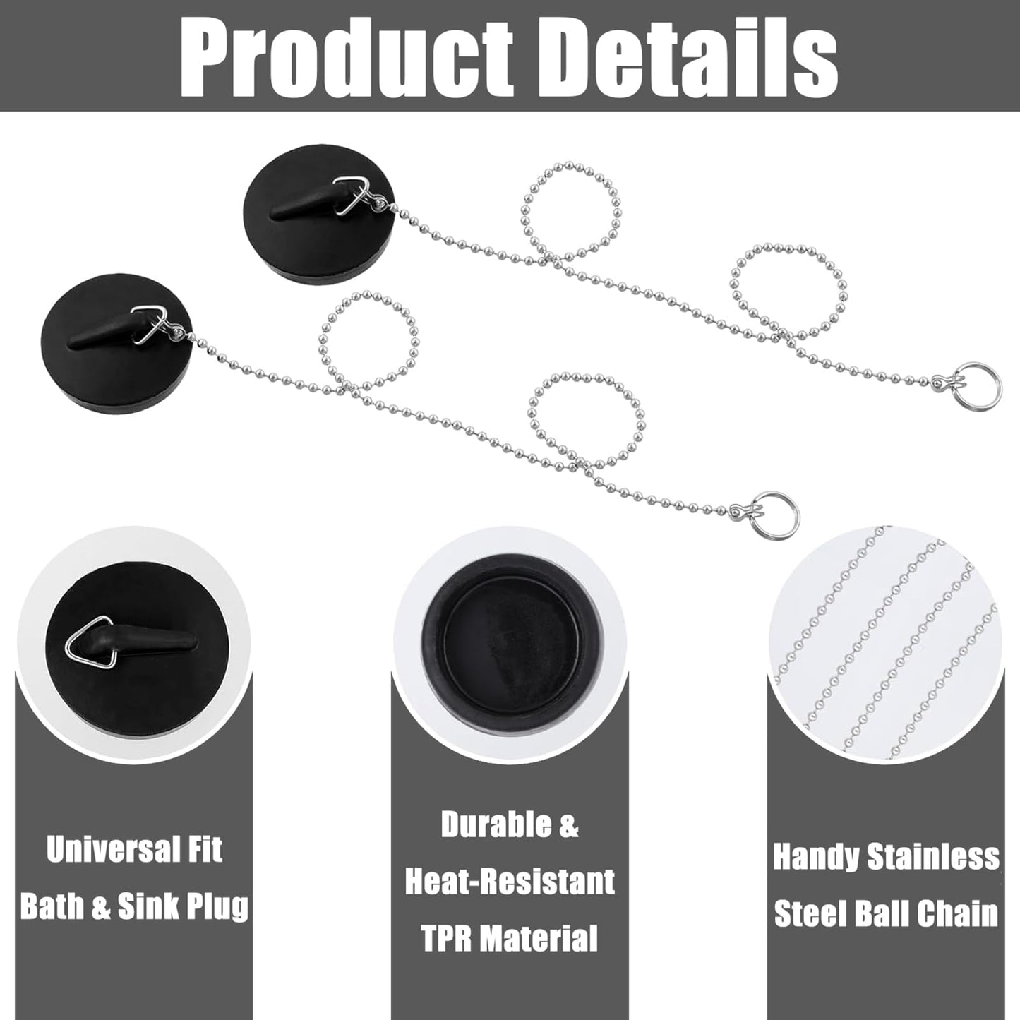 Funngy Drain Stopper Sink Plug,2 PCS Universal Sink Plug with Stainless Steel Chain and Hook Rubber Drain Stopper for Kitchen Sink Bathroom Sink Plug