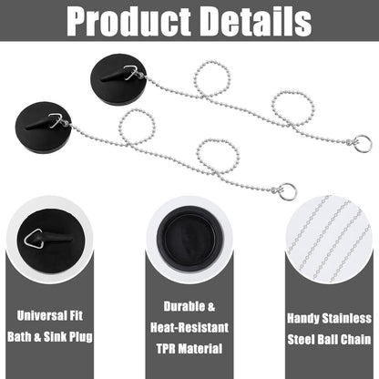Funngy Drain Stopper Sink Plug,2 PCS Universal Sink Plug with Stainless Steel Chain and Hook Rubber Drain Stopper for Kitchen Sink Bathroom Sink Plug