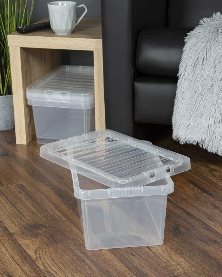 Checkmart PACK OF 2 Large Storage Box with Lid Strong Plastic Stackable Nestable Container Home Office Clear (11 Litre)