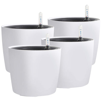 KINJOEK 4 Packs 7 Inch Self Watering Planter with Water Level Indicator, Modern Garden Decorative White Flower Pot for House Plants, Flowers, African