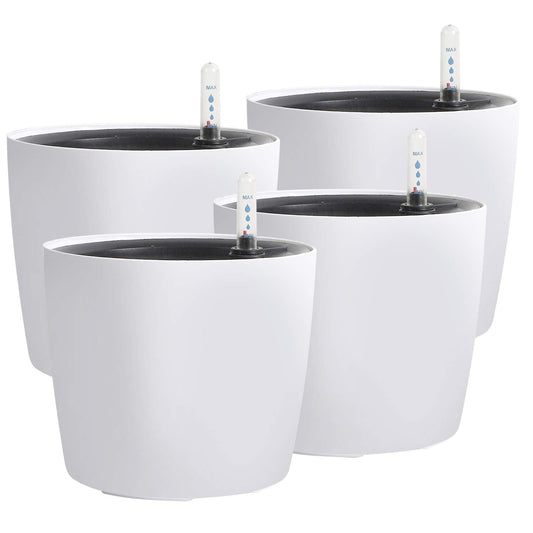 KINJOEK 4 Packs 7 Inch Self Watering Planter with Water Level Indicator, Modern Garden Decorative White Flower Pot for House Plants, Flowers, African
