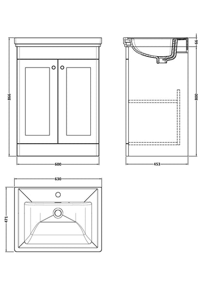 nuie CLC225A Classique Traditional Bathroom Floor Standing 2 Door Vanity Basin Unit with 1 Tap Hole Fireclay Basin, 600mm, Satin Grey