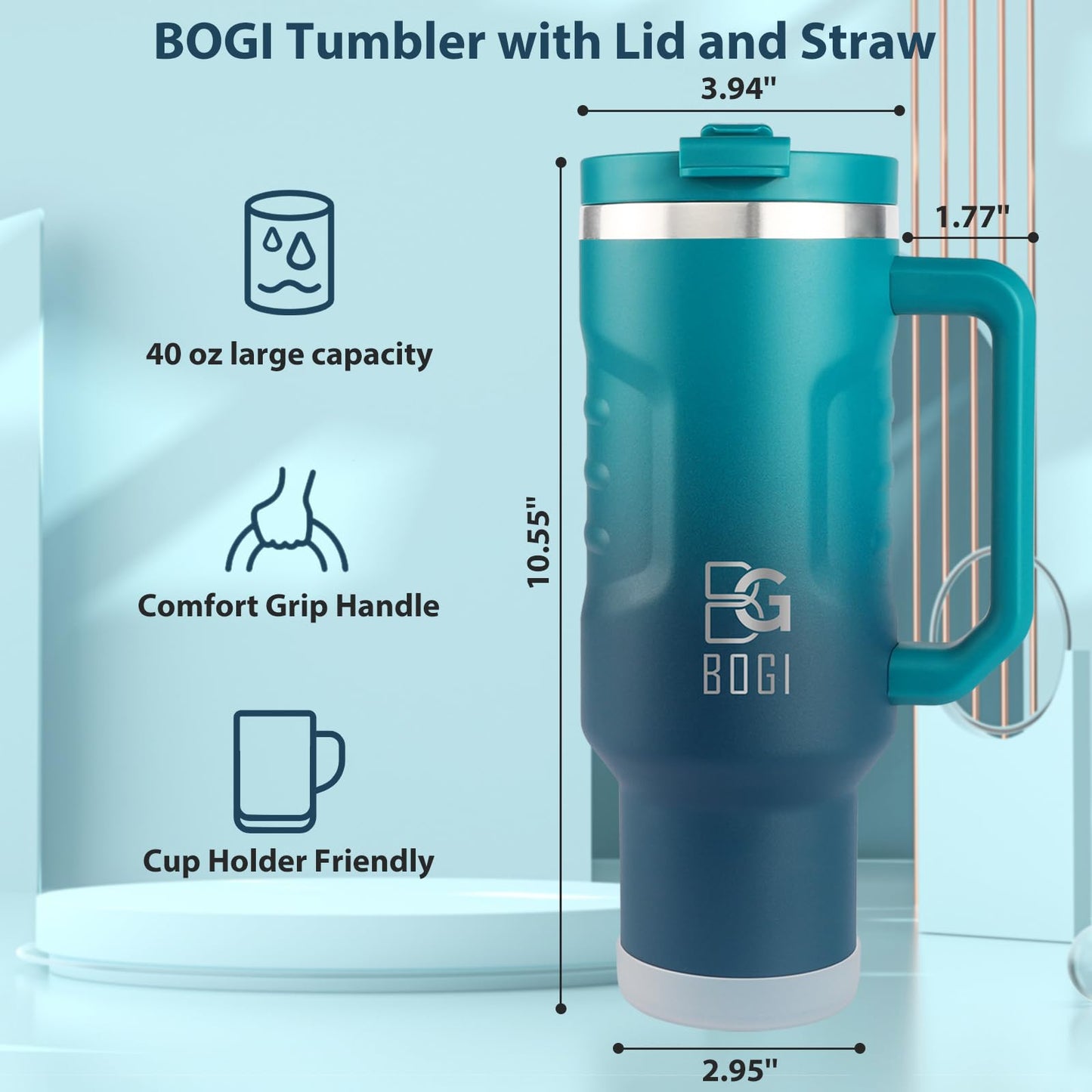 BOGI 40oz Tumbler with Straw and Lid,Leakproof Travel Mug with Handle,Double Walled Stainless Steel Tumbler with 2 in 1 Air Tight Lid,Reusable