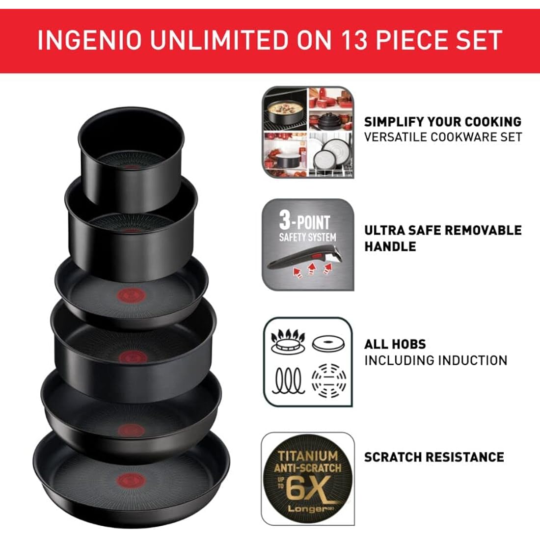 Tefal Ingenio Unlimited ON 13 Piece Non-Stick Induction Pan Set, 22&28 cm Frying Pans, 16&20 cm Saucepans, 24 cm Sautepan, 26 cm Wok Pan, 16&20&24 cm Glass Lids, 16&20 cm Lids, 2 Handles, L3959243