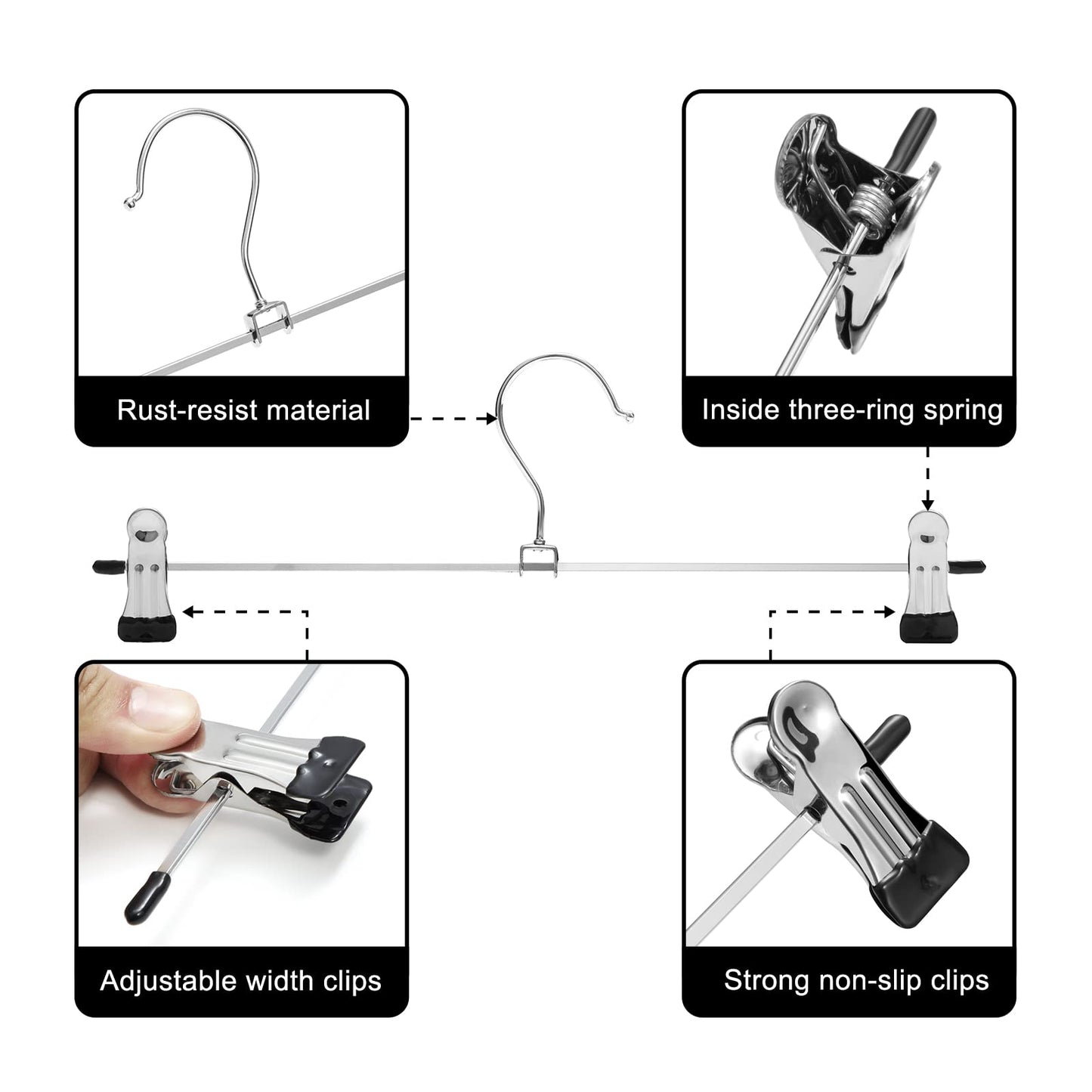 GUANJUNE Skirt Hangers with Adjustable Non-Slip Clips, Space Saving Metal Hangers for Coat, Garment, Jeans - 10 Pack