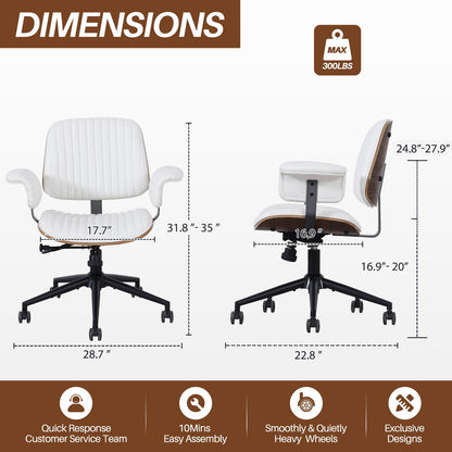 PELLEBAR Home Office Desk Chair, Mid-Century Executive PU Leather Chair with Padded Armrests, 360° Swivel Ergonomic Task Chair,Adjustable Height