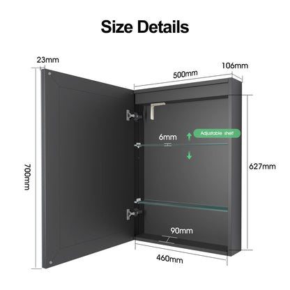 S'bagno Bathroom Mirror Cabinet 500x700mm, Lighted Bathroom Wall Cabinet with Mirror, Aluminium Alloy, Internal socket, Anti-Fog, 3 Colours Dimmable