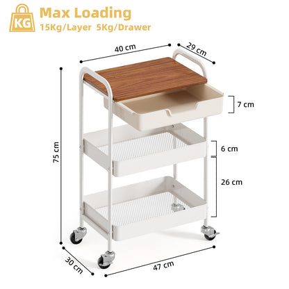 KINGRACK Rolling cart, 3-Tier Utility Storage Trolley with Wooden Board and Drawer, Metal Storage Cart with Handle, White Trolley Kitchen Organizer