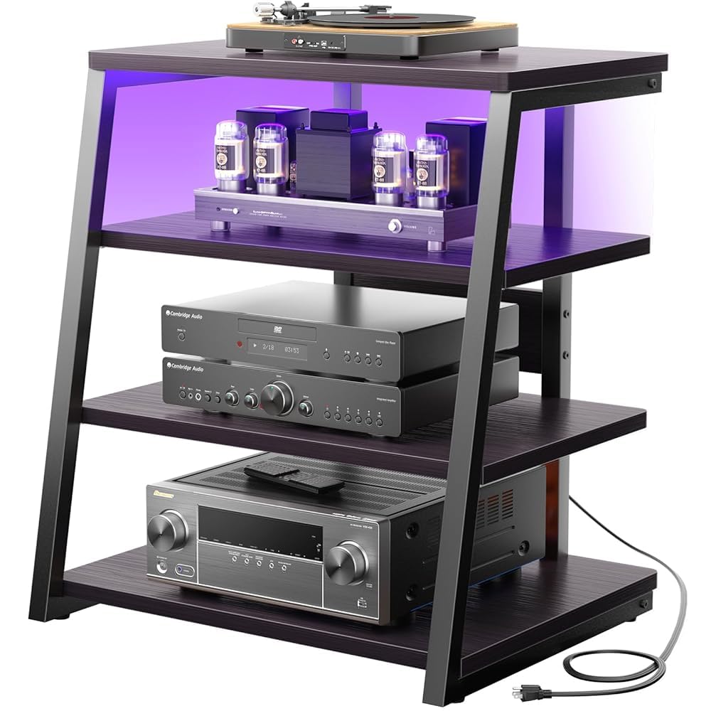 iSunirm HiFi Stand, AV Media Stand with Outlets, 4-Tier Media Console with LED Lights, Record Player Stand With Storage Shelves