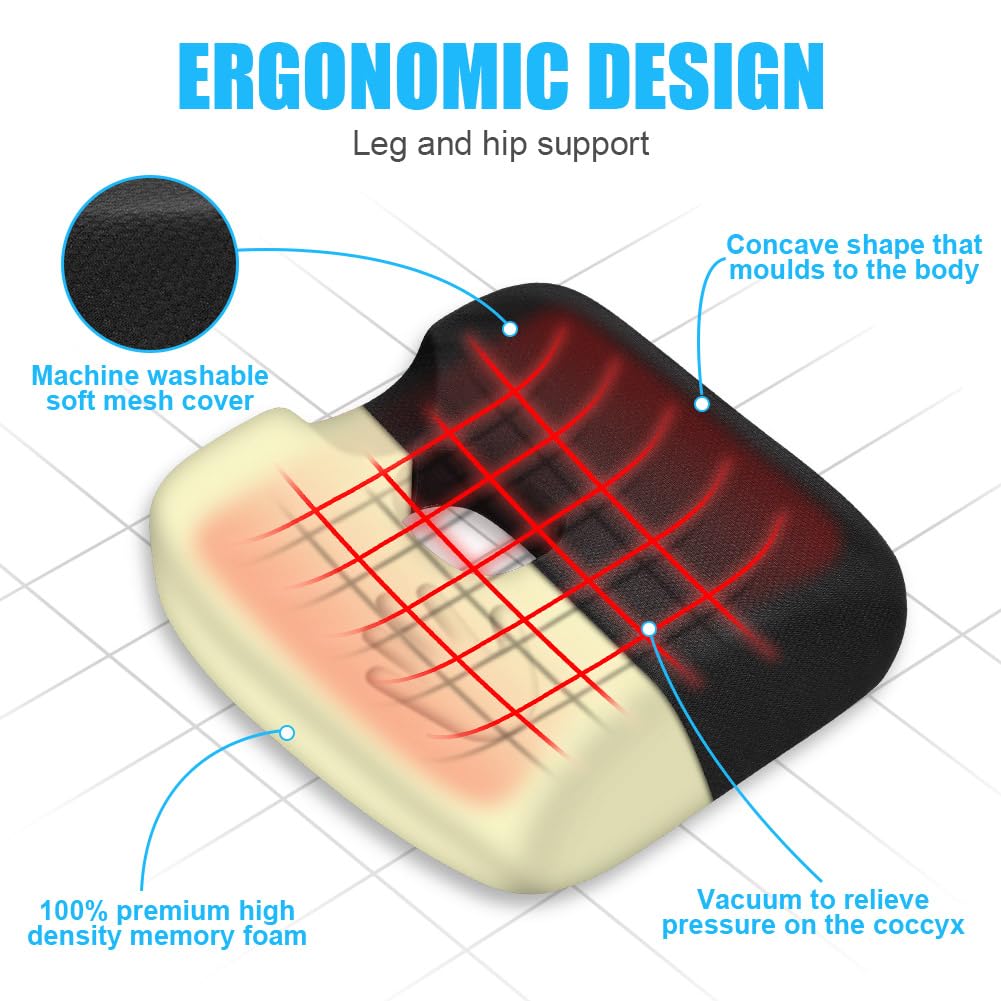 Ainiv Memory Foam Seat Cushion, Non-Slip Coccyx Cushion for Car Seat with Scientific Center Hole & U-Shaped Cutout, for Car Seat