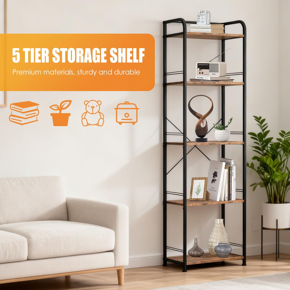 Forthcan 5-Tier Bookshelf, Bookcase, Shelving Unit, Floor Standing Book Shelf, Wooden Shelf and Metal Frame Book Rack