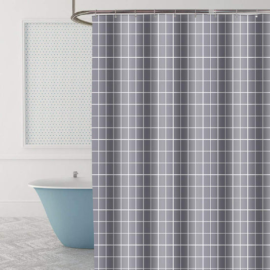 FSZhenZuan Shower Curtain 180 x 200 cm Drop Water Repellent Anti Mould Wet Room Shower Curtain with Hooks Washable Polyester Fabric Grey Grid