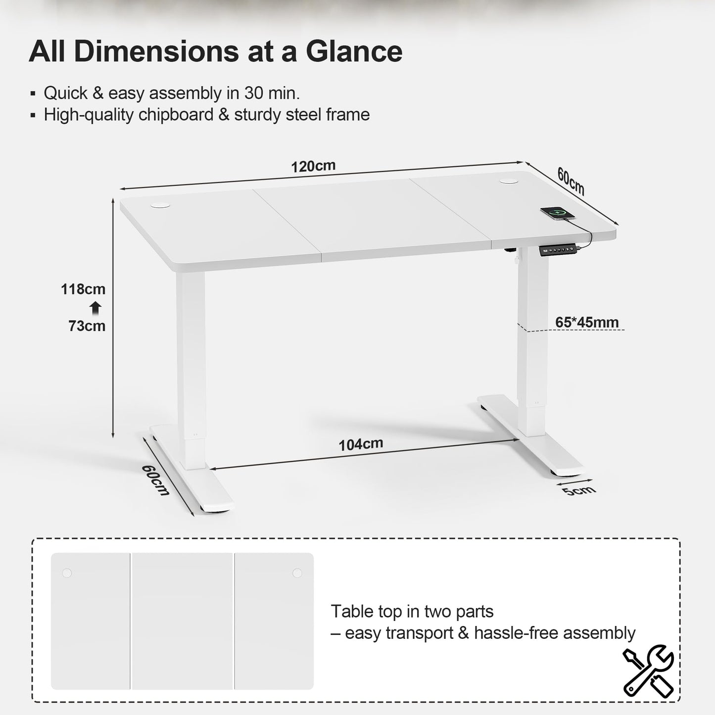 JUMMICO Electric Standing Desk 120x60cm – Height Adjustable with USB Charging, Sedentary Reminder, Memory Heights for Home Office Use, White