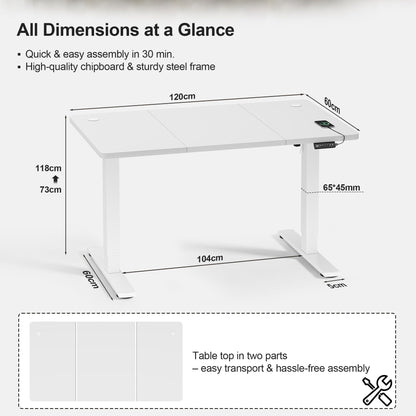 JUMMICO Electric Standing Desk 120x60cm – Height Adjustable with USB Charging, Sedentary Reminder, Memory Heights for Home Office Use, White