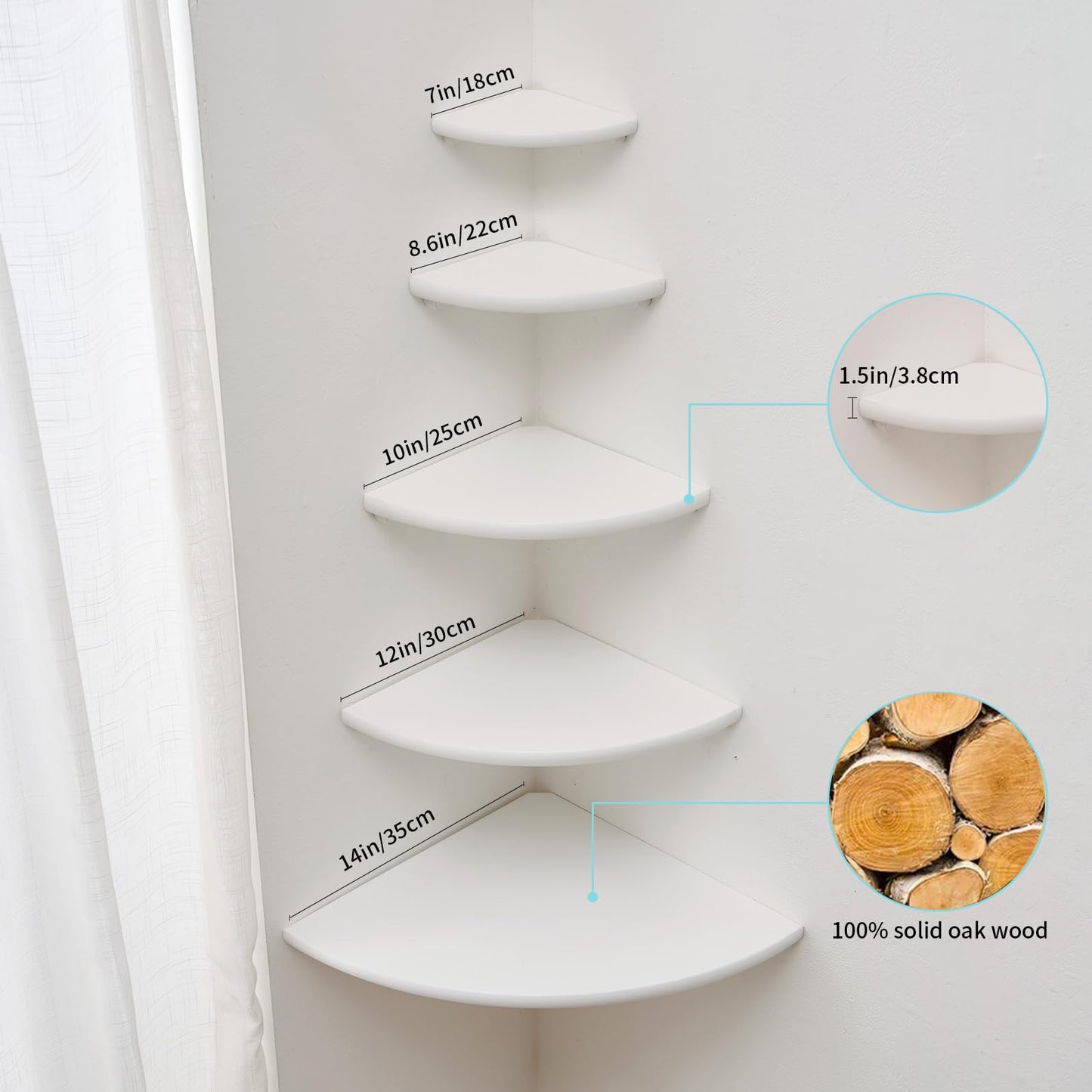 GIEANOO Corner Shelf, Solid Oak Wood White Floating Corner Shelf Wall Mount 16inch Round End Floating Speaker Shelf With Wire Hole Shelf for Bedroom