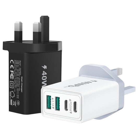 2-Pack USB C Plug Fast Charge, 40W 4-Port USBC Plug UK Multi Charger Plug Dual USB-C Power Adapter + QC Wall Plug, Multiport Type C Charging Plug for