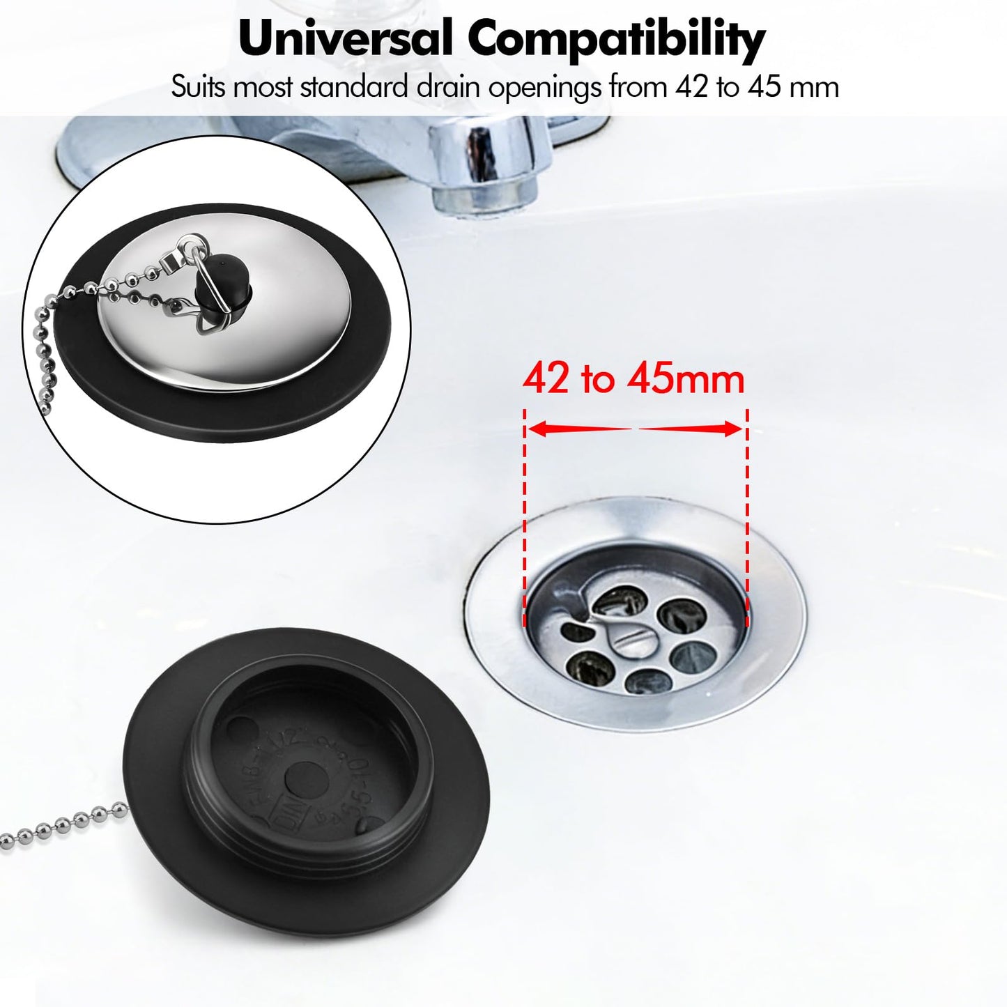 Lunhoo 1 Pack Universal Bath Plug, Drain Stopper with Stainless Steel Chain, 43mm Bath Plug replacement for Kitchen, Under Sink, Bathroom