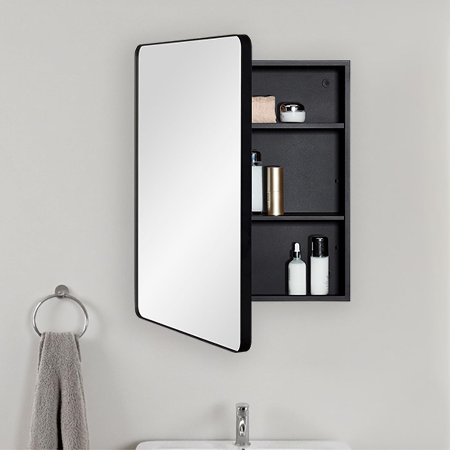 Fundin Bathroom Mirror Cabinet with Storage – Metal Framed Round Corner Door, Adjustable Shelves, Matte Black, Surface Mount Wall Mounted - 30 x 55 cm