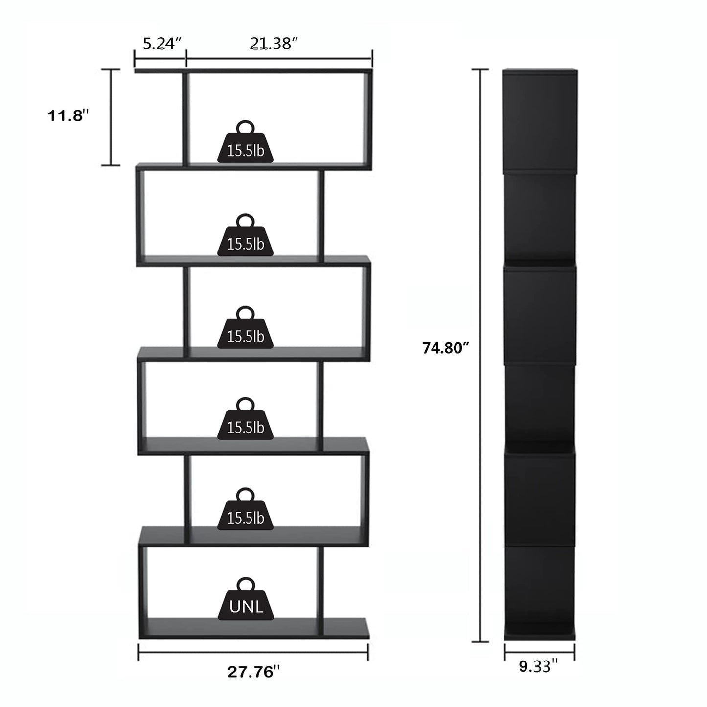 Yusong Bookshelf 6-Tier, Geometric Bookcase S Shaped Book Shelves for Bedroom, Modern Wood Decorative Display Shelf Tall Book Case for Home Office