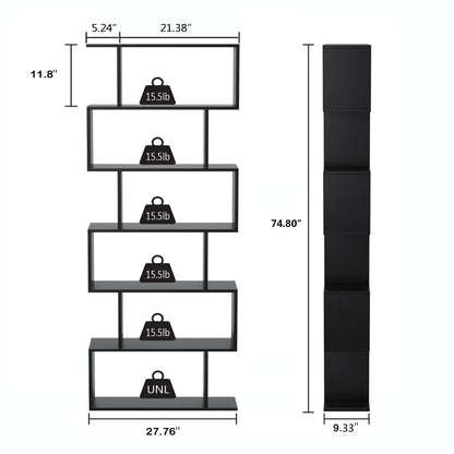 Yusong Bookshelf 6-Tier, Geometric Bookcase S Shaped Book Shelves for Bedroom, Modern Wood Decorative Display Shelf Tall Book Case for Home Office
