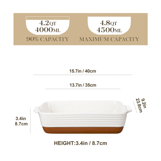 MALACASA 4.5L Ceramic Baking Dish with Handles, 9 x 13 Inches Casserole Dishes, Deep Rectangular Oven Dish, Khaki White Lasagna Pan Bakeware for