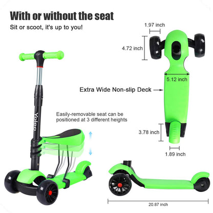 YOLEO Kids Three Wheel Kick Scooter with Removable Seat, LED Flashing Wheels, Height Adjustable, 3-in-1 Lightweight Children's Scooter Boys and Girls