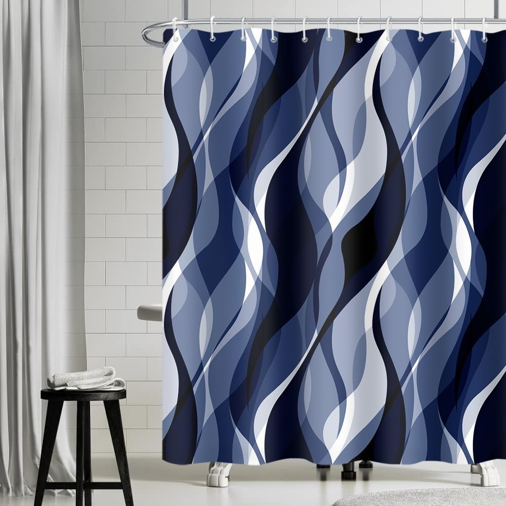 Uiiooazy Anti-Mould Shower Curtain 180 x 200 cm Navy Blue Stripes Dark Blue