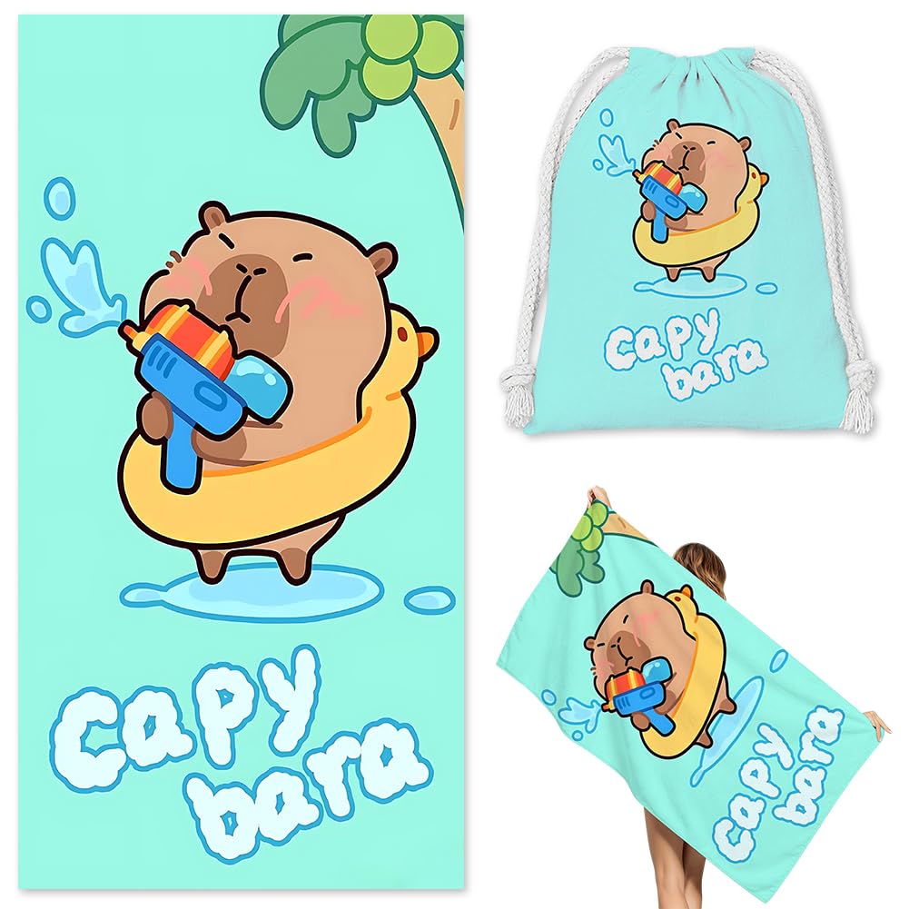 Microfiber Capybara Beach Towel Sand Free Absorbent Extra Large Travel Towels for Adults Kids Microfibre Towels for Adults with Drawstring Bag 2in1