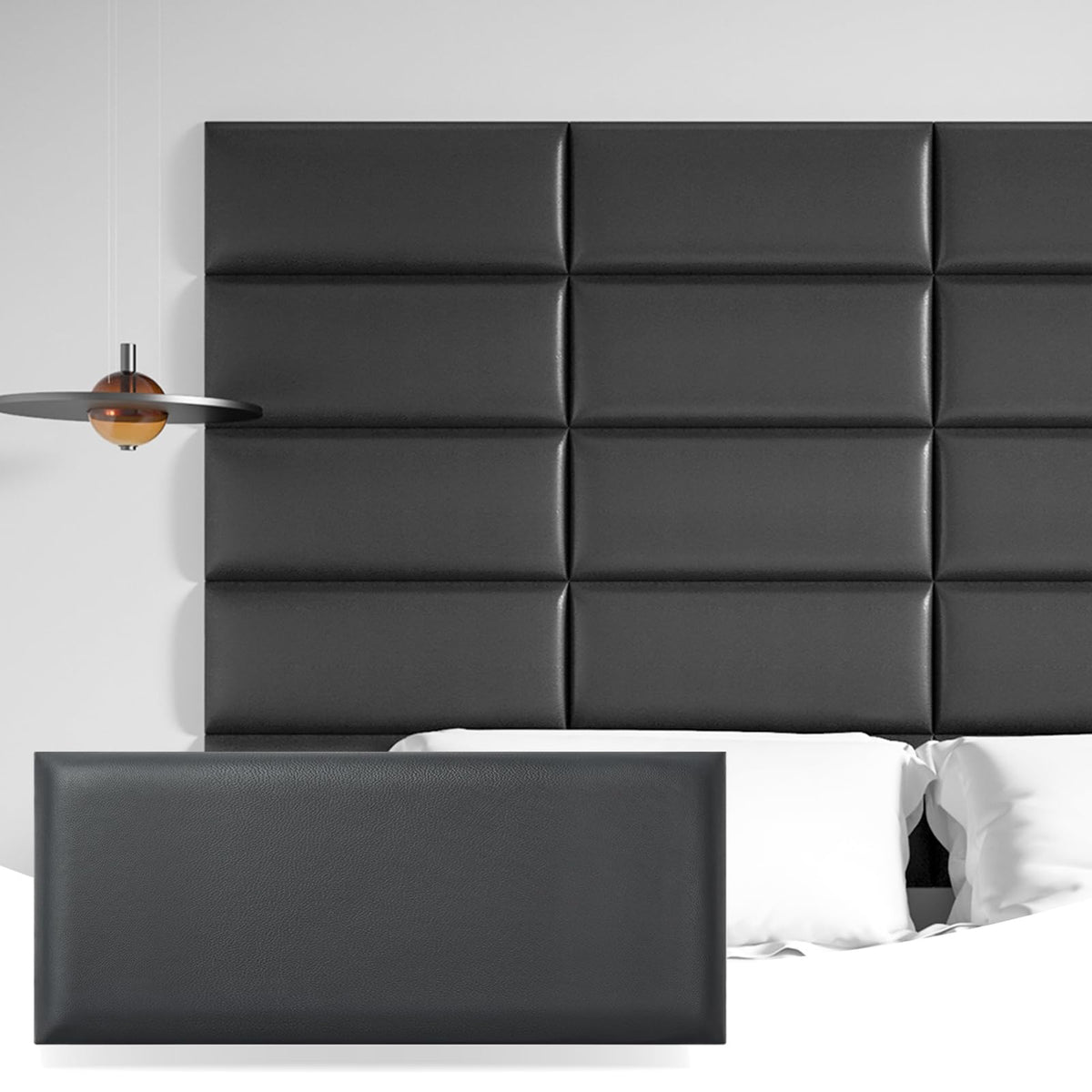 Art3d 12-Pack Peel and Stick Upholstered Headboard, 9.84 x 23.62 in, Black
