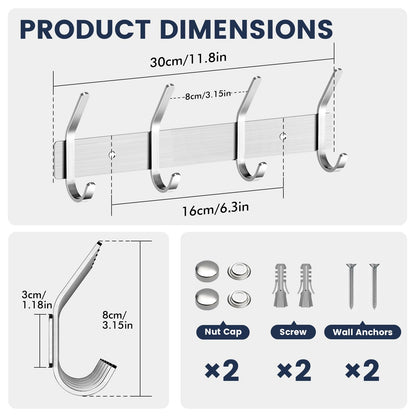 TINIFO Coat Hooks Wall Mounted - Stainless Steel Coat Rack 4 Hook, Silver
