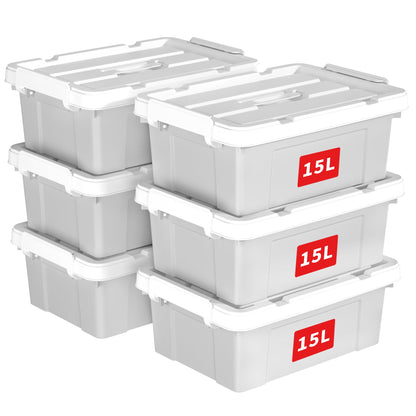 Cetomo 15L*6 Storage Boxes, Carry Plastic Storage Box with Lids, Organizing Container with Handle and Secure Latching Buckles, Stackable, Nestable