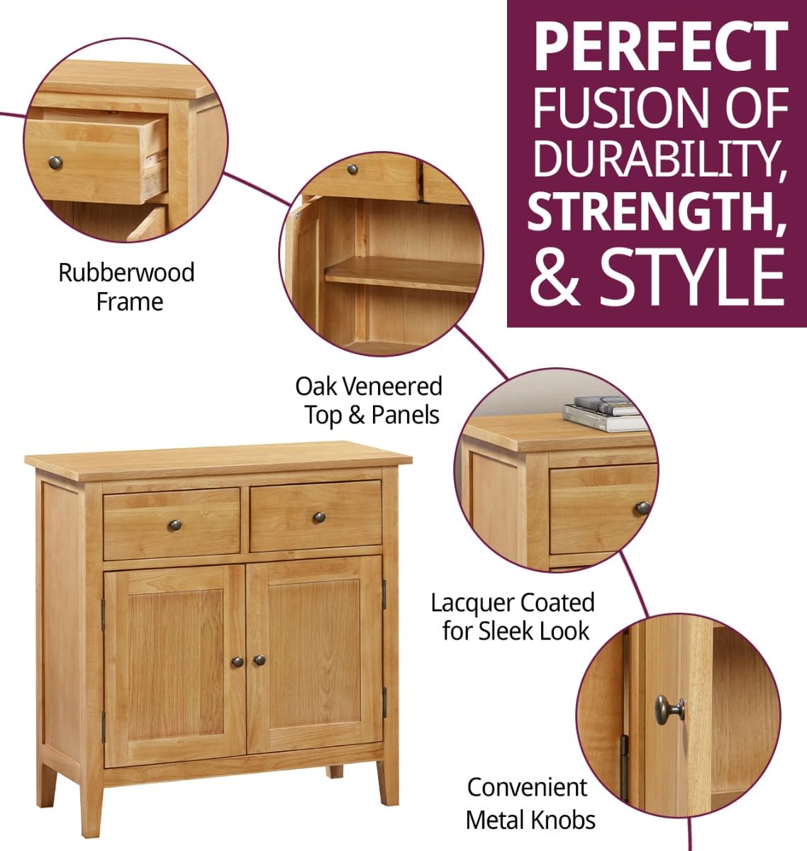 Hallowood Furniture Aston Oak Small Sideboard with 2 Drawers and Cupboard