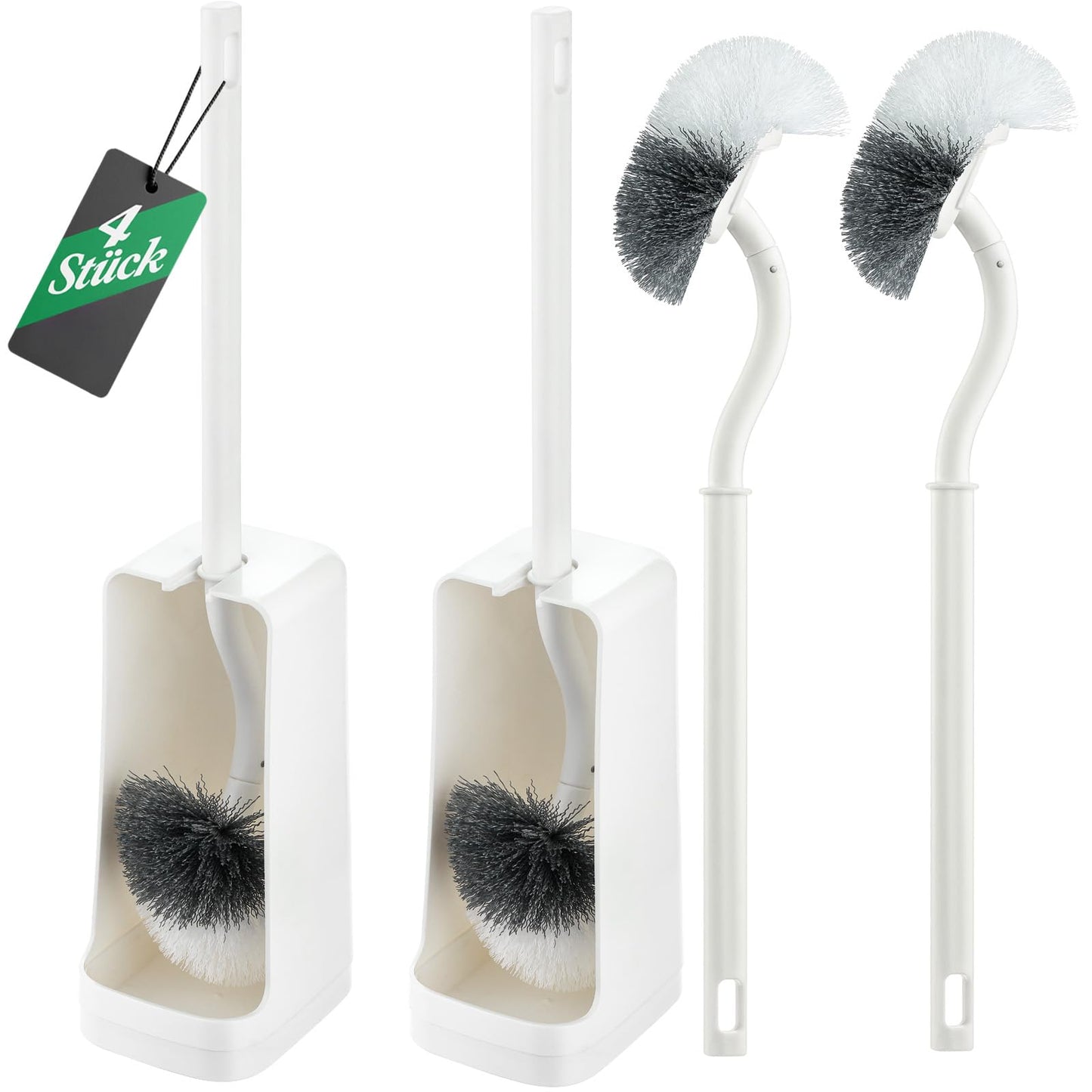 SUIXI 4 Pack Angled Toilet Brush for Deep Cleaning Under Rim & Tight Corners, 40cm Long Handle Bathroom Scrubber (4 Brushes + 2 Holders)