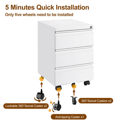 HOMSTEEL 3 Drawers File Cabinet, Metal Filing Cabinet with Lock, Mobile File Cabinet, Fully Assembled Except Casters, for Office, Home Office, White