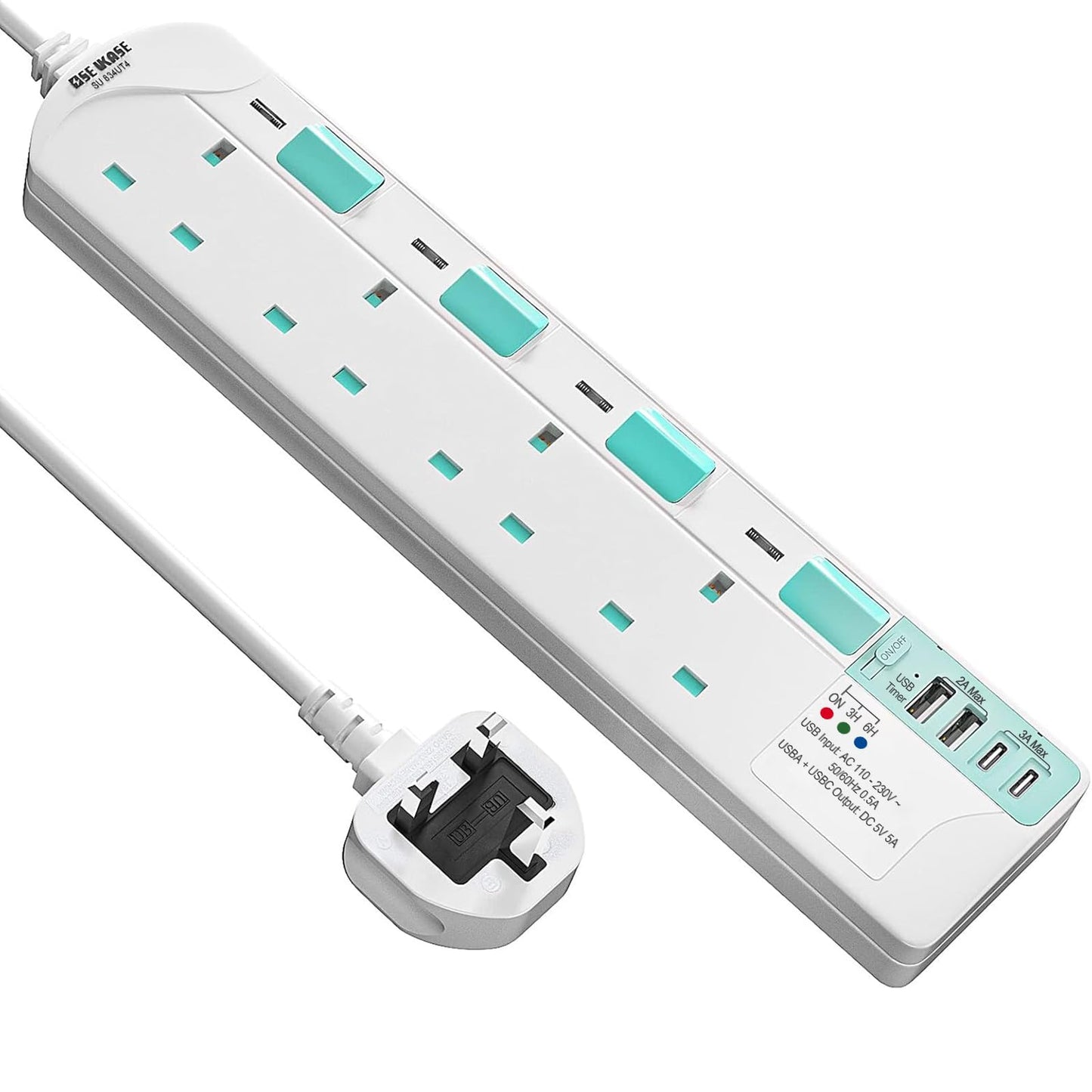 SE UKASE Extension Lead with USB Slots(5V/5A),USB Timer, 4 Way Plug Sockets with Individual Switches USB and Type C, Wall Mount Design with 2M
