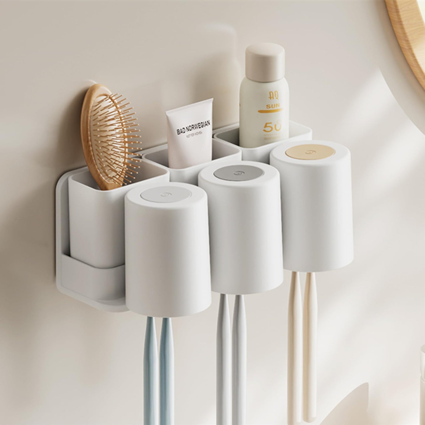 Toothbrush Holder Wall-Mounted, Adhesive Multifunctional Bathroom Storage with 3 Cups & 6 Toothbrush Slots, Includes 3 Detachable Boxes for
