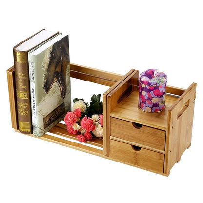 Ejoyous Bamboo Desk Organiser, Extendable Adjustable Desktop Bookcase Multipurpose Wooden Tabletop Bookshelf with 2 Drawers for Living Room Bed Room