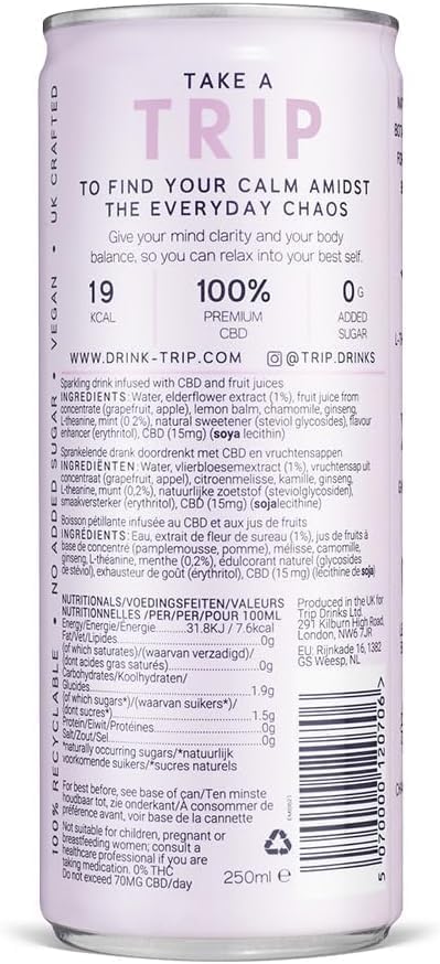 TRIP CBD Drink, Sparkling Elderflower Mint Fizzy Drink, Low Calorie, Vegan (Pack of 24 x 250ml)