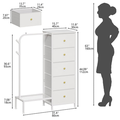 Trironsun Small 5 Fabric Drawer Dresser with Clothes Rack Chest of Drawers with Hanging Rail Reversible Wardrobe with Clothes Rack