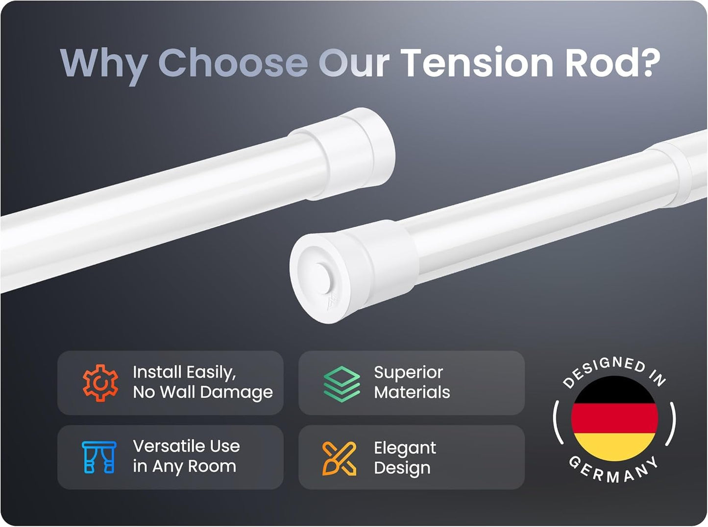 MEISENBERG Tension Rod for Net Curtains White, Net Curtain Poles Extendable 90-160 cm - Ø 25 mm Diameter, No Drill Spring Pole - for Living Room