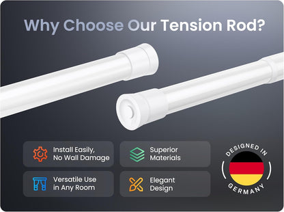MEISENBERG Tension Rod for Net Curtains White, Net Curtain Poles Extendable 90-160 cm - Ø 25 mm Diameter, No Drill Spring Pole - for Living Room