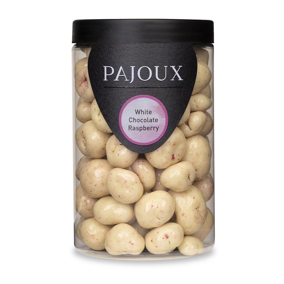 Pajoux White Chocolate Raspberry (Large) 215g | White Chocolate Covered Fruit - Raspberry Chocolate - Palm Oil Free - Chocolate in a Gift Jar