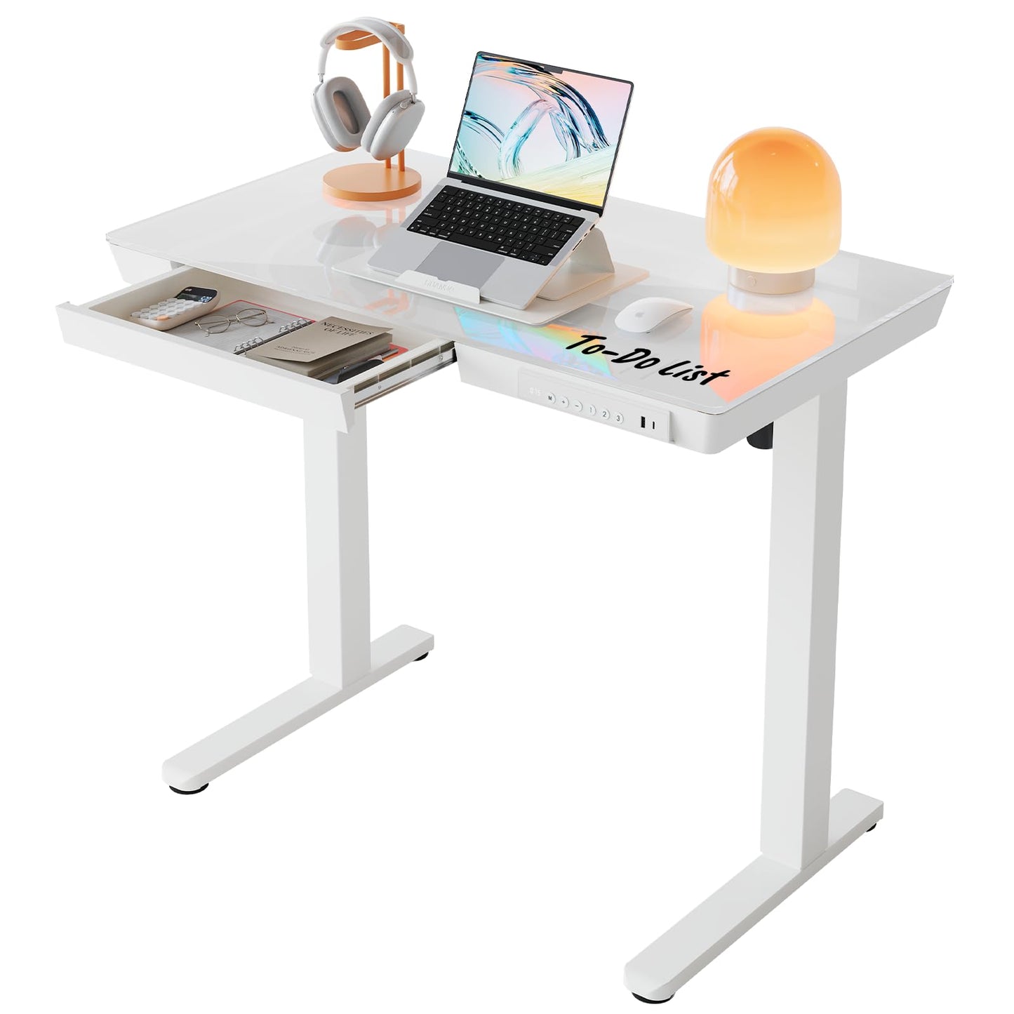 HUANUO ONE PIECE Standing Desk with Drawer, 88x50cm, White Glass
