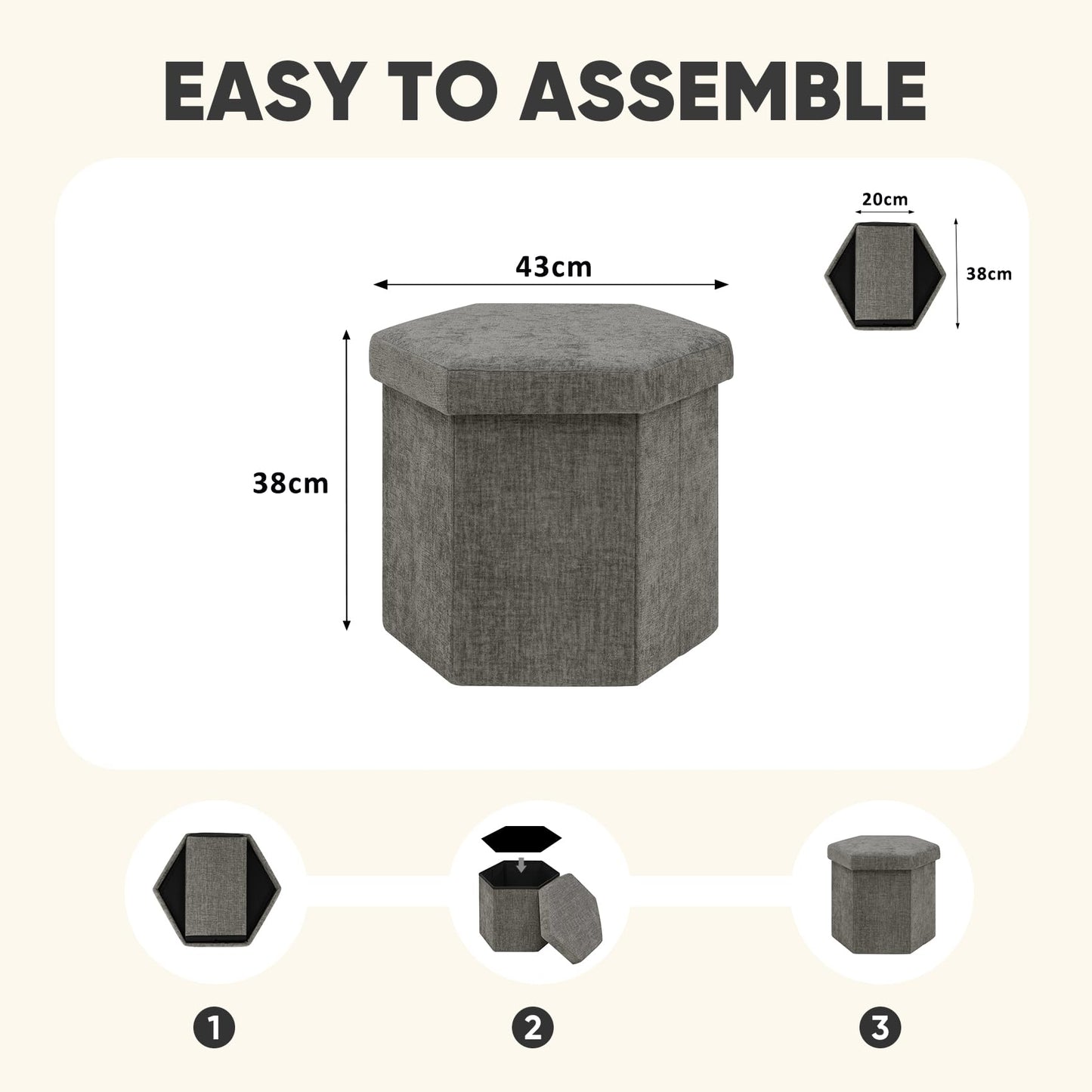 PINPLUS Chenille Ottoman Storage Box, Hexagonal Folding Stool, Grey
