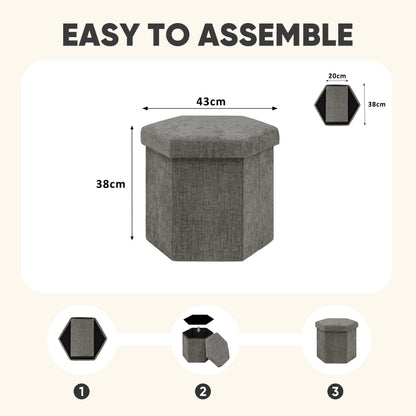 PINPLUS Chenille Ottoman Storage Box, Hexagonal Folding Stool, Grey