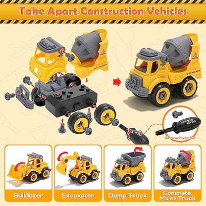 FRUSE Play Construction Sand Kit,Sand Box Toys Set with Play Sand,4 Take Apart Construction Trucks,4 Castle Molds,Sandbox with Lid,Sensory Toys for Kids Boys Girls Age 3-8